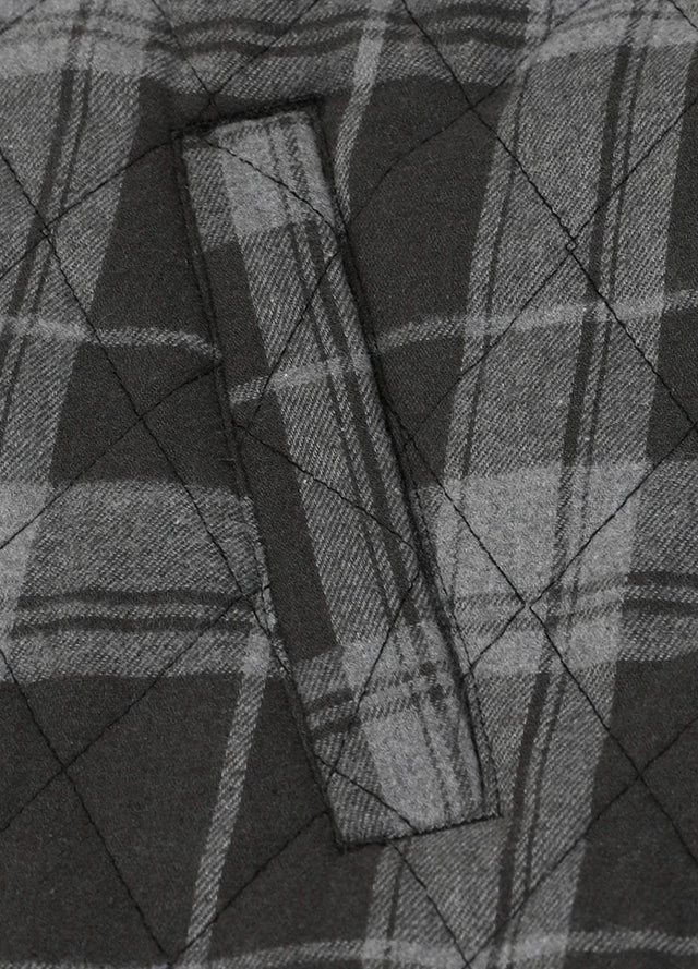 Close-up of the hand pocket of a black gray men's plaid shirt jacket with quilted lining