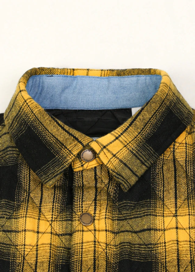 Close-up of the lapel of yellow black men's quilted lined snap button plaid jacket