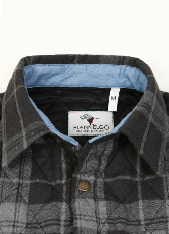 Close-up of the lapel of a black gray men's quilted lined snap button plaid jacket