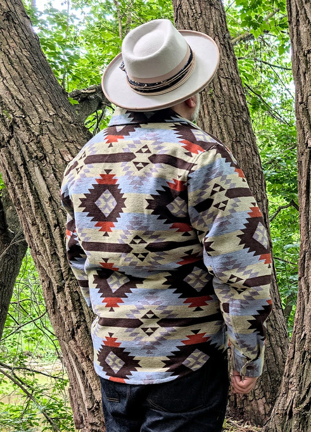 Back view of a man wearing a Coffee and Blue men's Aztec shirt jacket