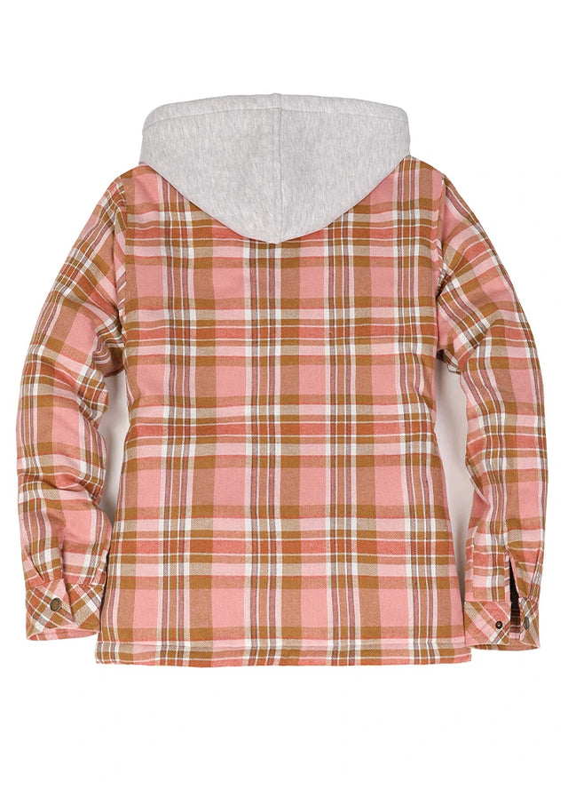 Back view of women's quilted-lined pink flannel jacket with hood