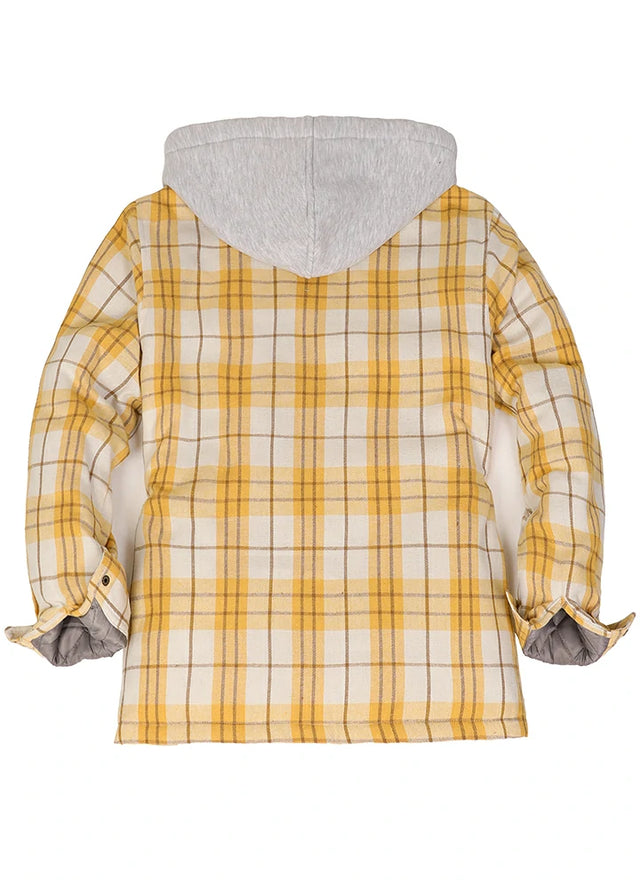 Back view of women's quilted-lined yellow flannel jacket with hood