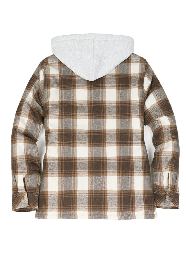 Back view of women's quilted-lined brown flannel jacket with hood