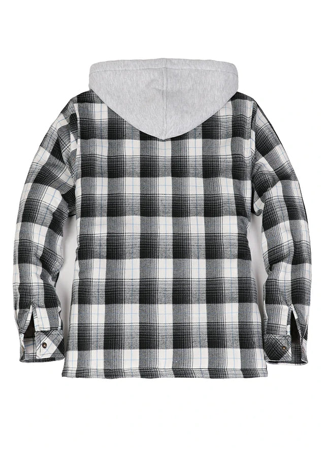 Back view of women's quilted-lined black white flannel jacket with hood