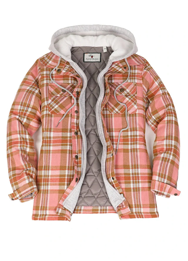 Front view of womens pink plaid flannel jacket with quilted lined