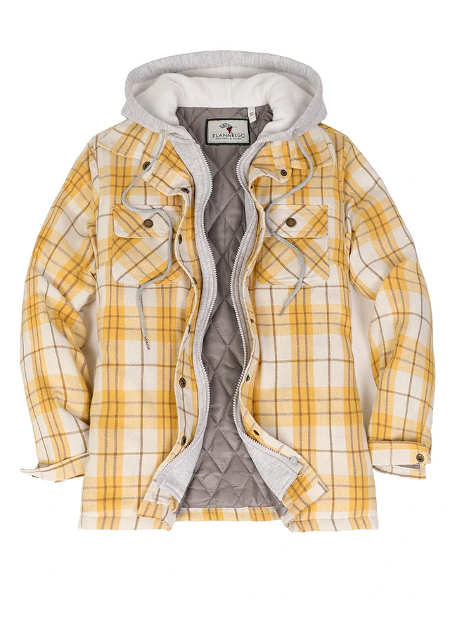 Front view of womens yellow plaid flannel jacket with quilted lined