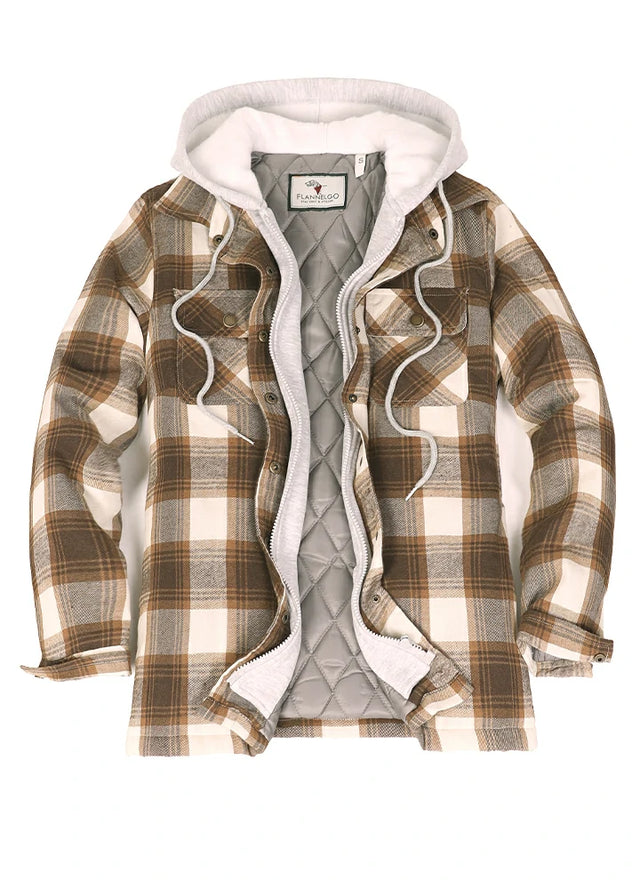 Front view of womens brown plaid flannel jacket with quilted lined