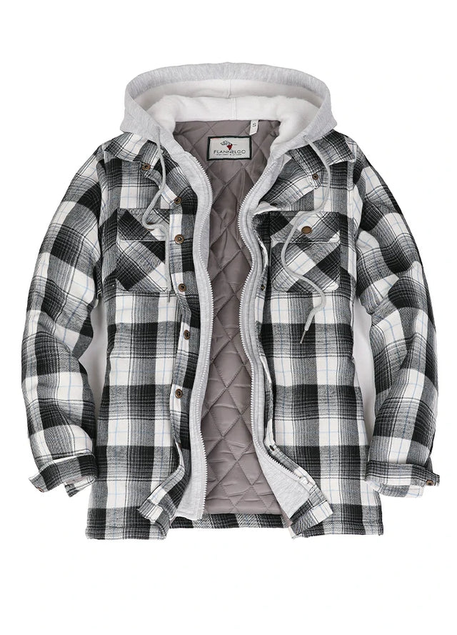 Front view of womens black white plaid flannel jacket with quilted lined