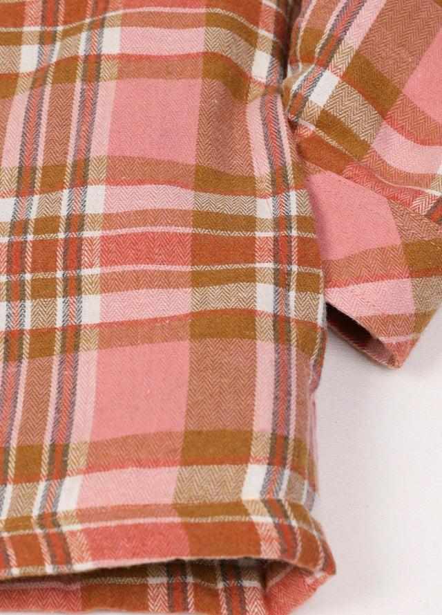 Zoomed-in view of womens full zip pink flannel hooded side pocket