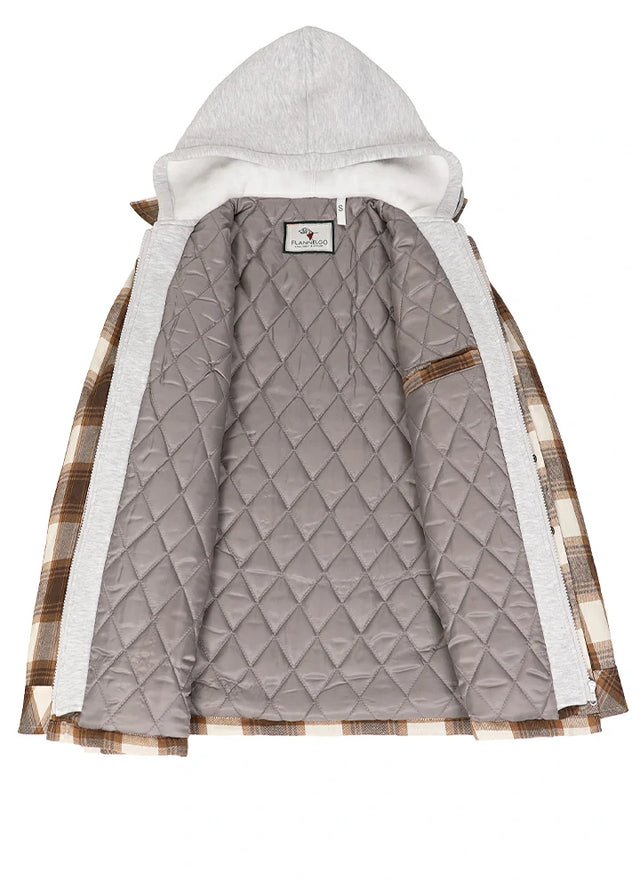 Open view of a womens brown winter flannel jacket with quilted lining