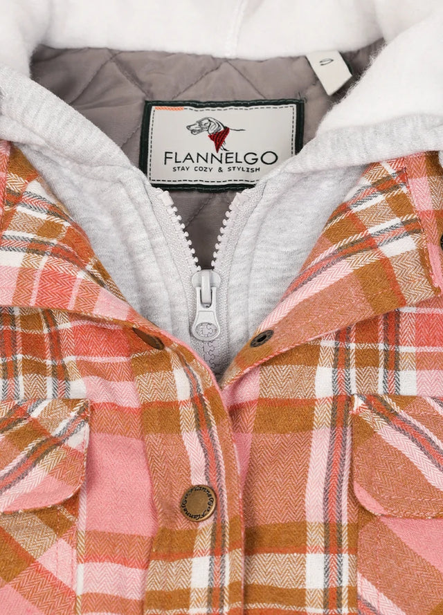 Close-up of women's pink quilted-lined plaid flannel jacket collar