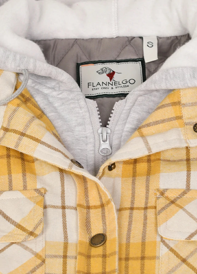 Close-up of women's yellow quilted-lined plaid flannel jacket collar
