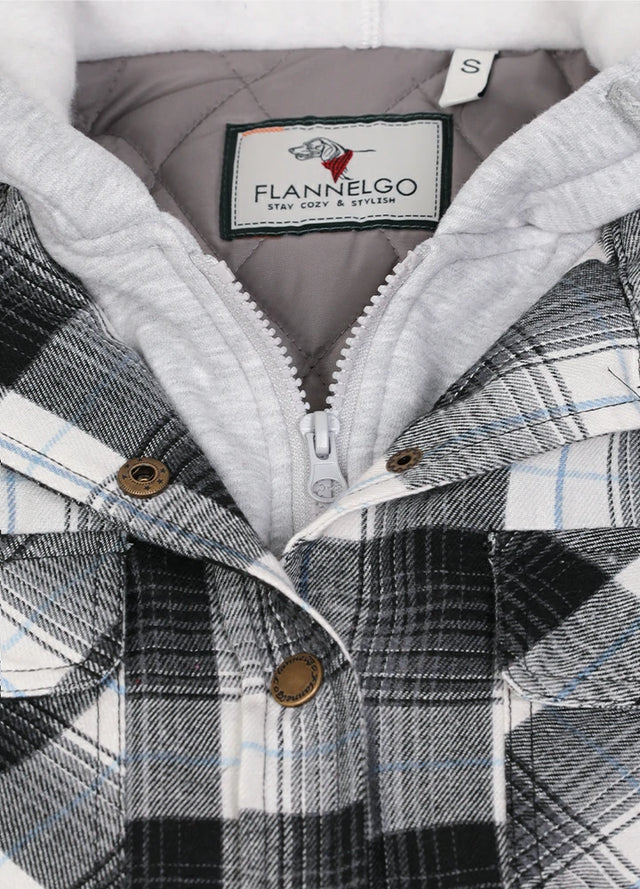 Close-up of women's black white quilted-lined plaid flannel jacket collar