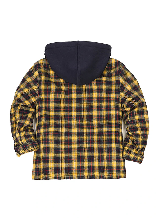 Back view of kid's yellow navy quilted lined flannel jacket