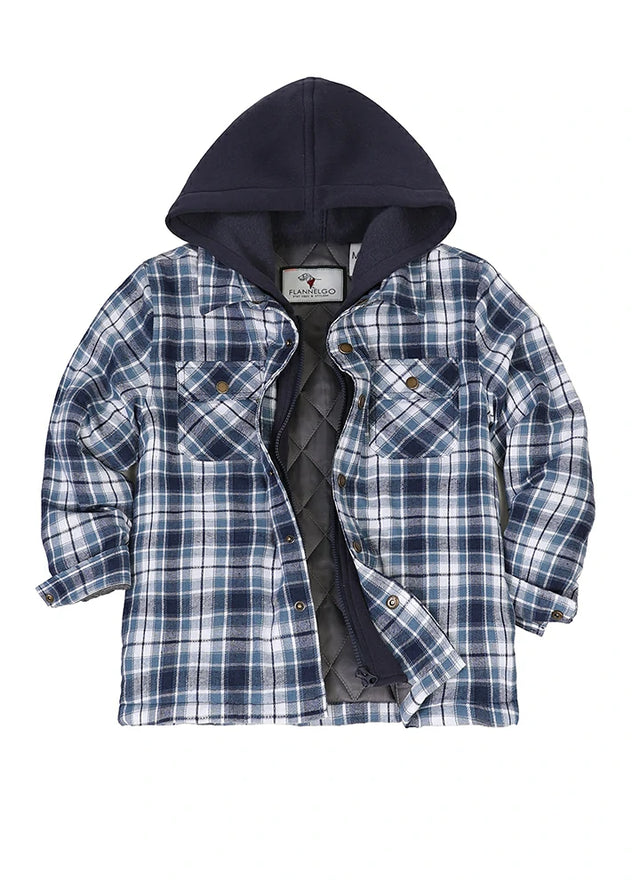 Front view of kid's grey blue quilted lined flannel jacket
