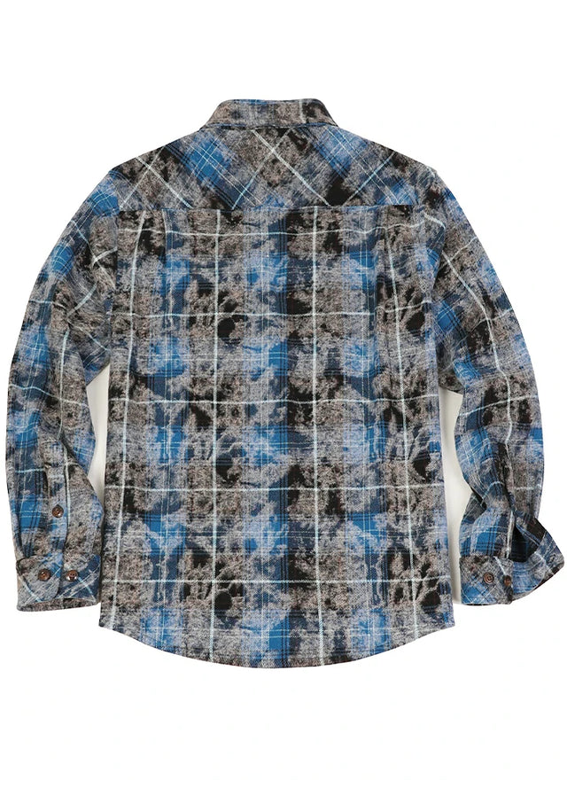 Back view of a blue and black men's acid washed flannel shirt