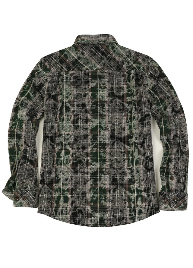Back view of a green black men's acid washed plaid flannel shirt