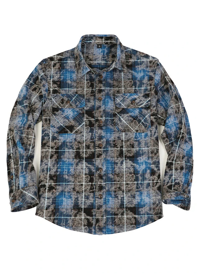 Front view of a blue and black men's acid washed flannel shirt