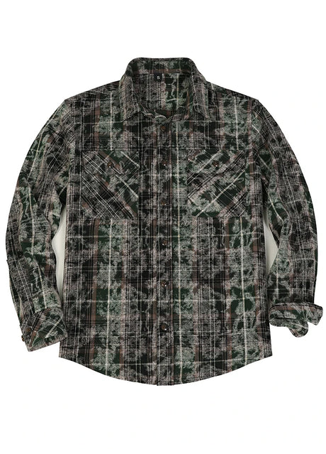Front view of a green black men's acid washed plaid flannel shirt