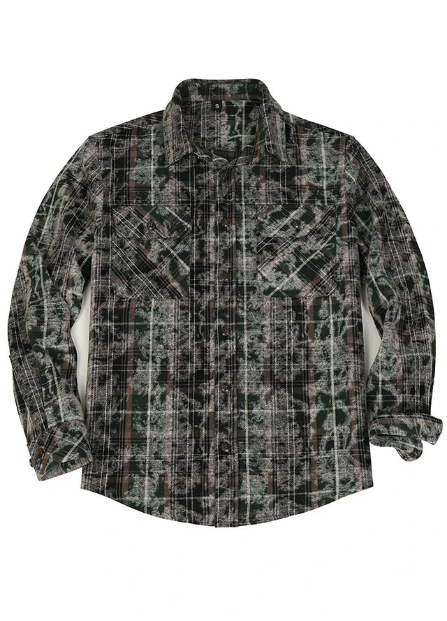 Front view of a green black men's acid washed plaid flannel shirt