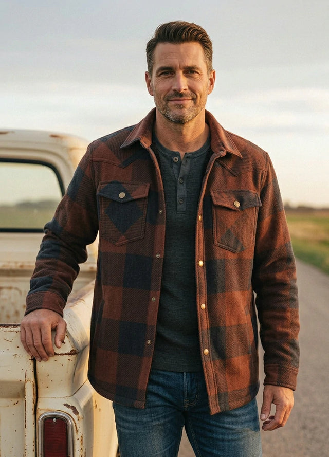 Front view of a man wear a dark rust red men's sherpa lined snap button shirt jacket