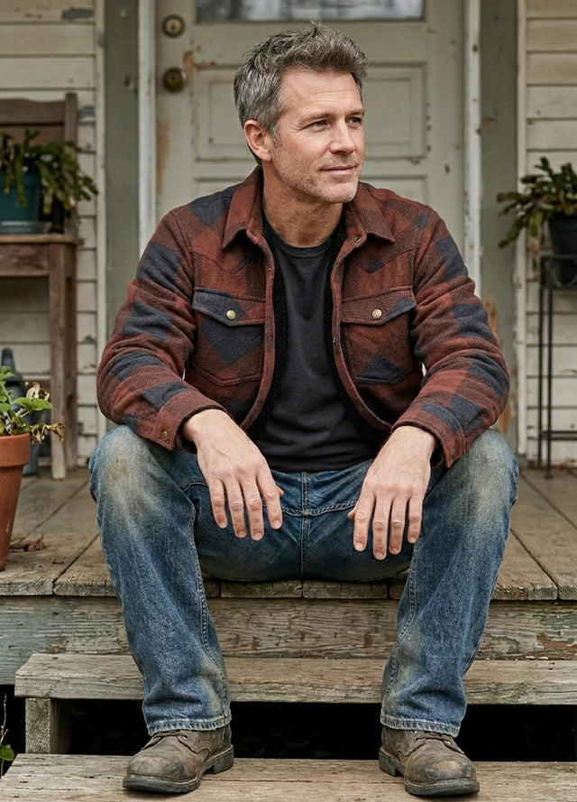 Side view of a man wear a dark rust red men's sherpa lined snap button shirt jacket