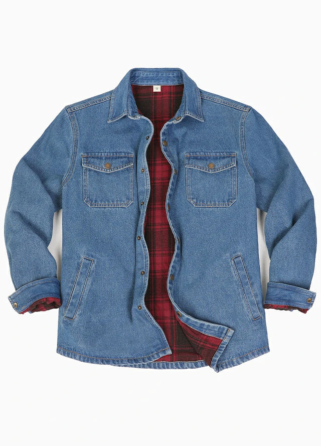Men's Classic Denim Flannel Lined Shirt Jacket, Snap Button