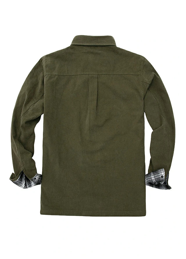 Back view of men's army green flannel lined heavy utility shirt jacket