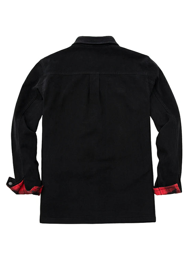 Back view of men's black flannel lined heavy utility shirt jacket
