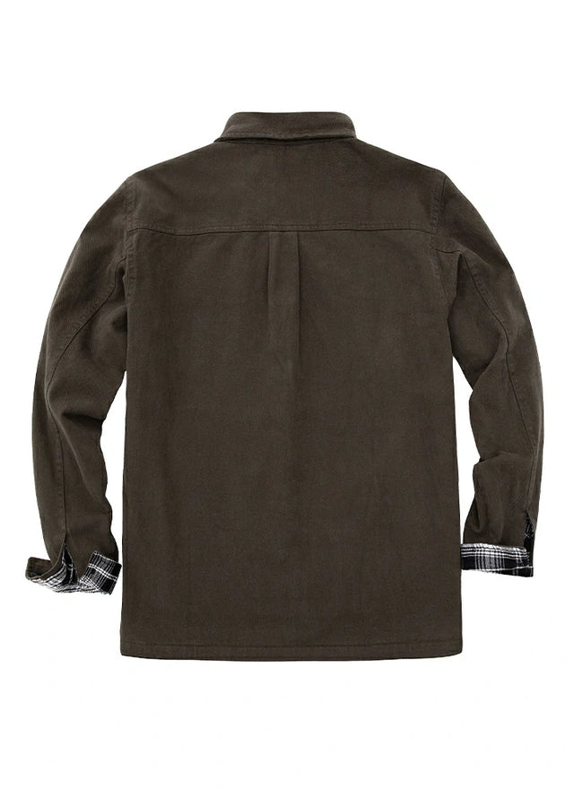 Back view of men's brown flannel lined heavy utility shirt jacket