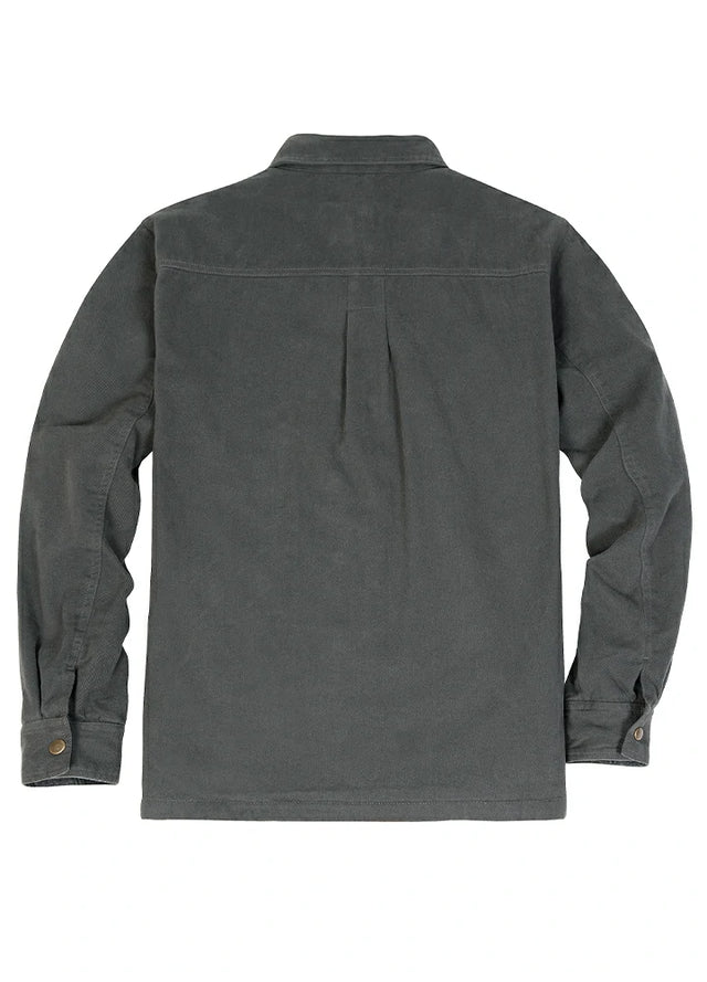 Back view of men's dark grey flannel lined heavy utility shirt jacket