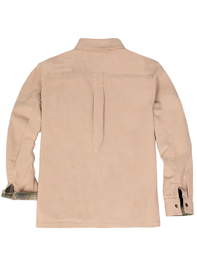 Back view of men's light khaki flannel lined heavy utility shirt jacket