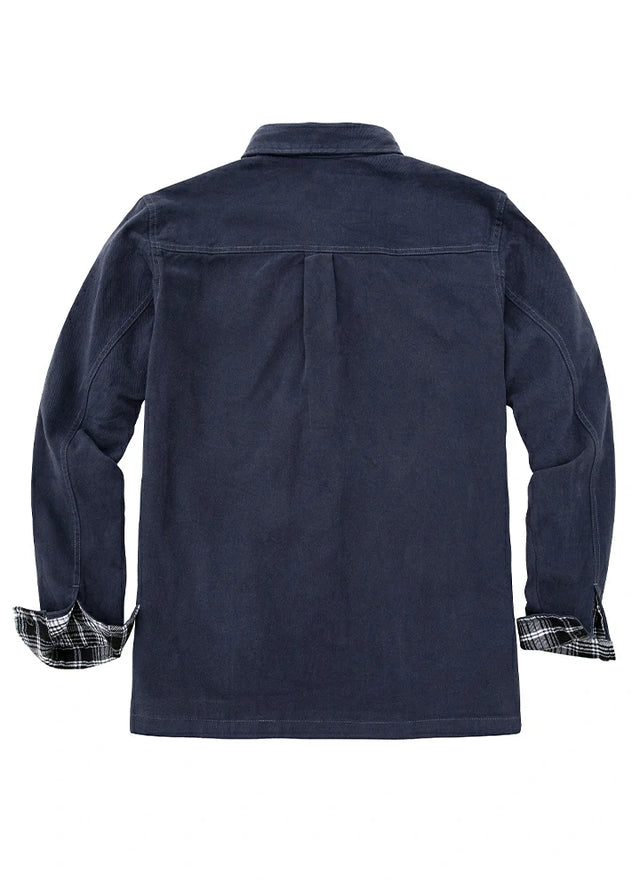 Back view of men's navy flannel lined heavy utility shirt jacket