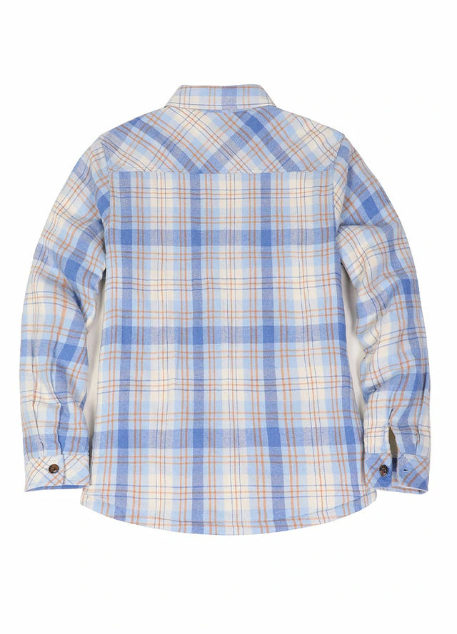 Back view of womens blue khaki long-sleeves flannel jacket with sherpa-lined