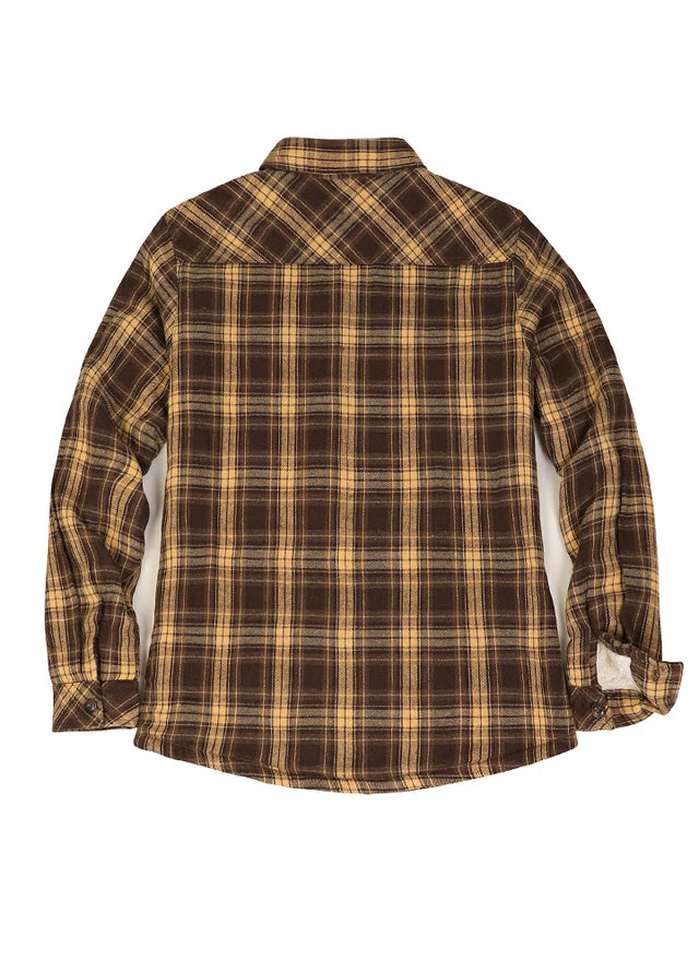 Back view of women's chocolate brown sherpa lined flannel plaid shacket