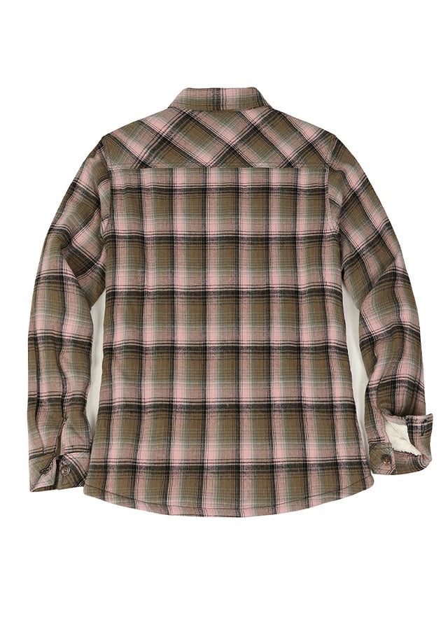 Back view of women's pink brown flannel shacket with chest pockets