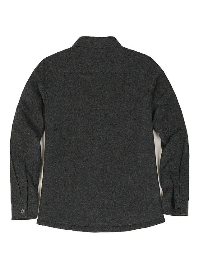 Back view of women's dark gray flannel shacket with chest pockets