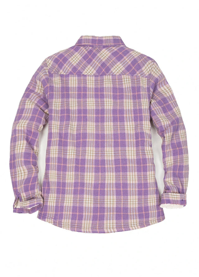 Back view of women's purple flannel shacket with chest pockets