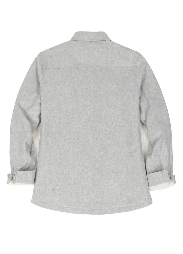 Back view of women's solid gray flannel shacket with chest pockets