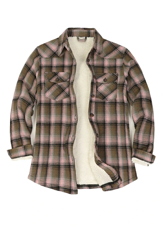 Front view of women's pink brown flannel shirt jacket with sherpa-lined
