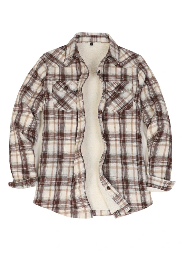 Front view of women's chocolate cream flannel shirt jacket with sherpa-lined
