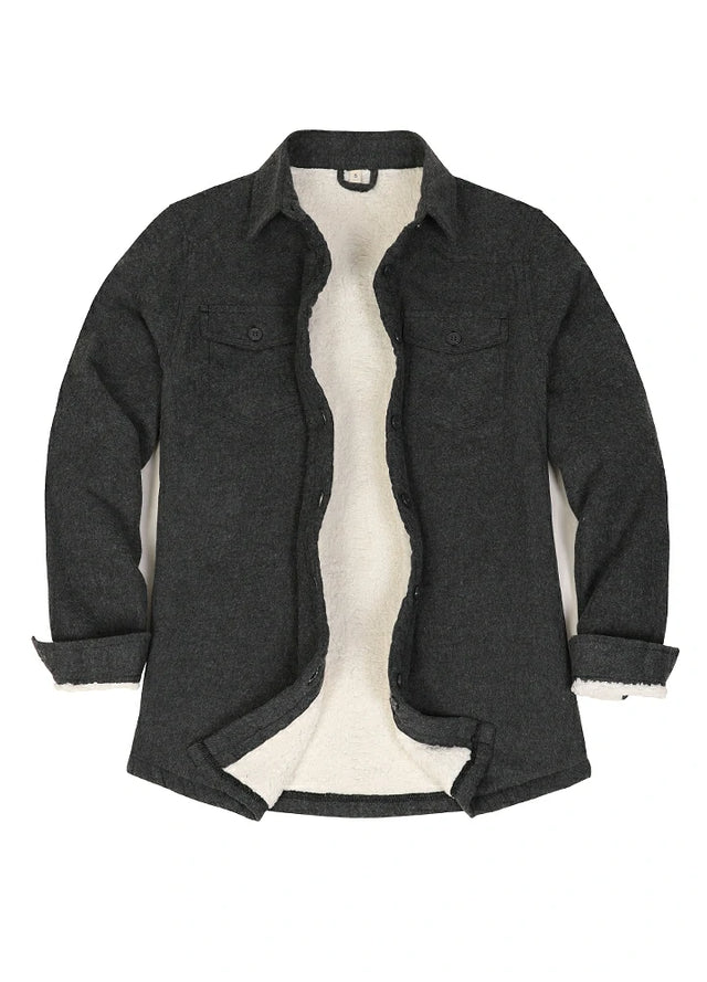 Front view of women's dark gray flannel shirt jacket with sherpa-lined