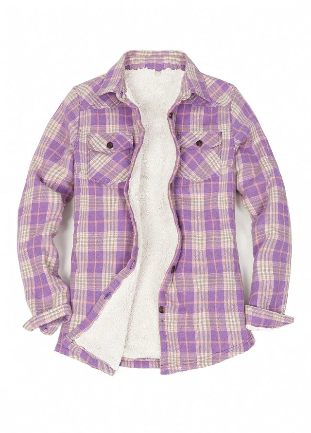 Front view of women's purple flannel shirt jacket with sherpa-lined