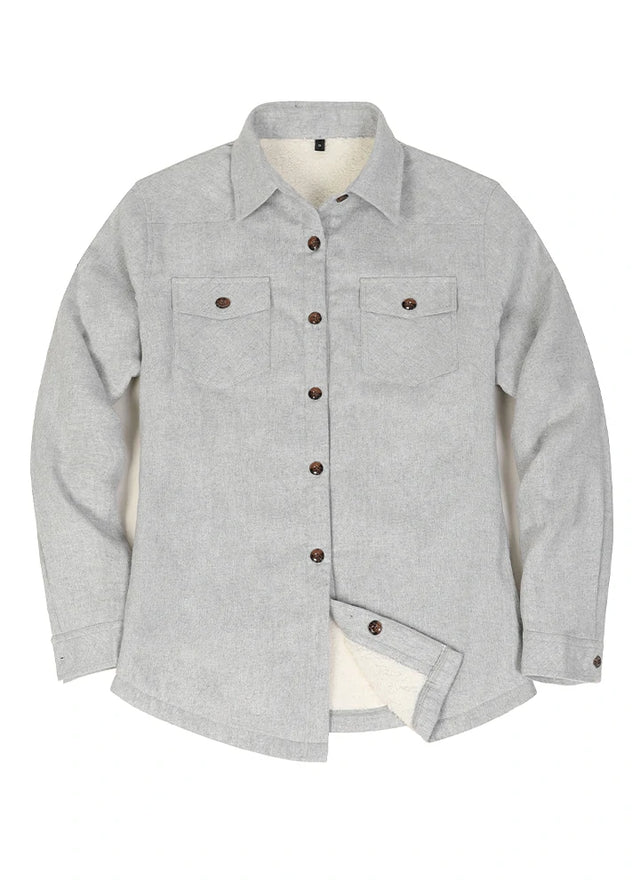 Front view of women's solid gray flannel shirt jacket with sherpa-lined