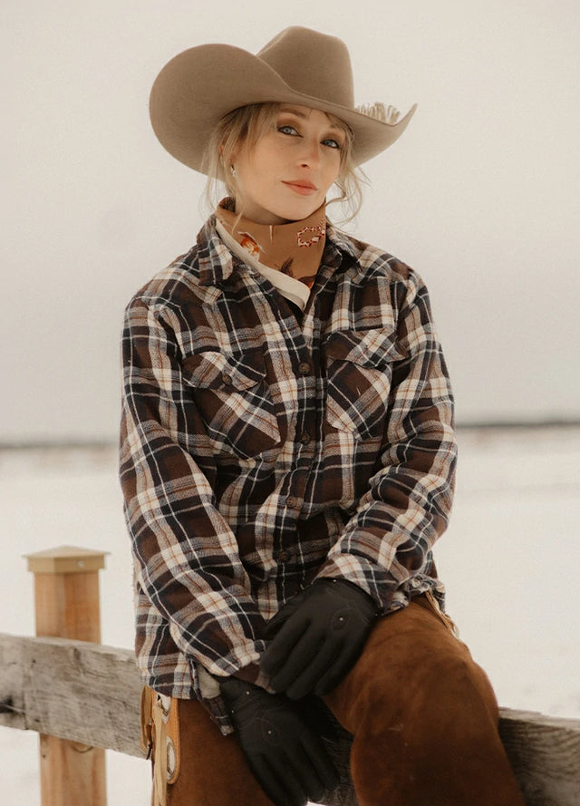 Women wearing a brown white sherpa-lined flannel shirt jacket