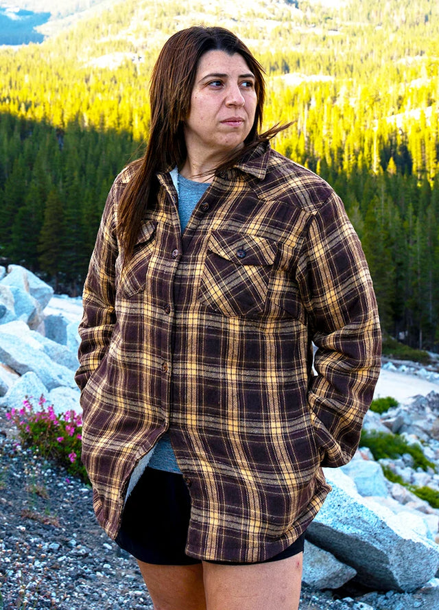 Women wearing a chocolate brown sherpa-lined flannel shirt jacket