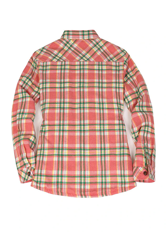 Back view of women's pink sherpa lined flannel plaid shacket