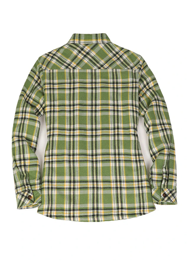 Back view of womens forest green plaid long-sleeves flannel shacket