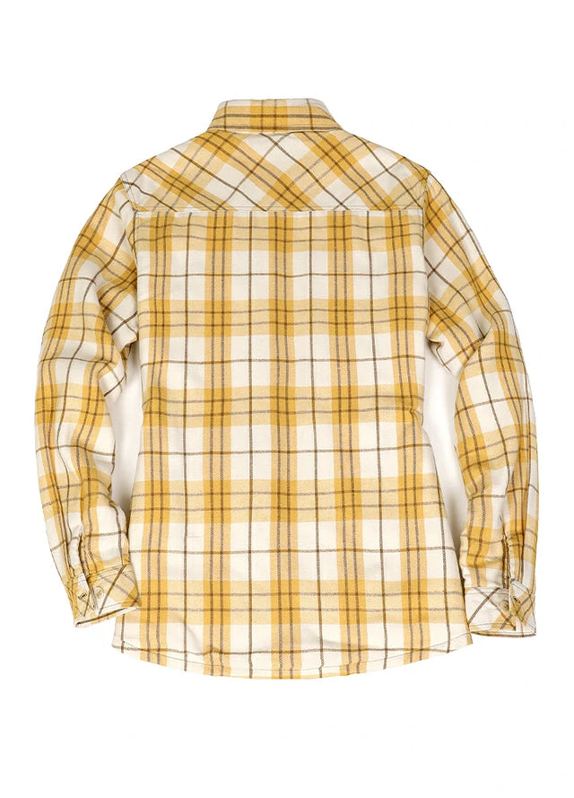 Back view of womens khaki yellow plaid long-sleeves flannel shacket