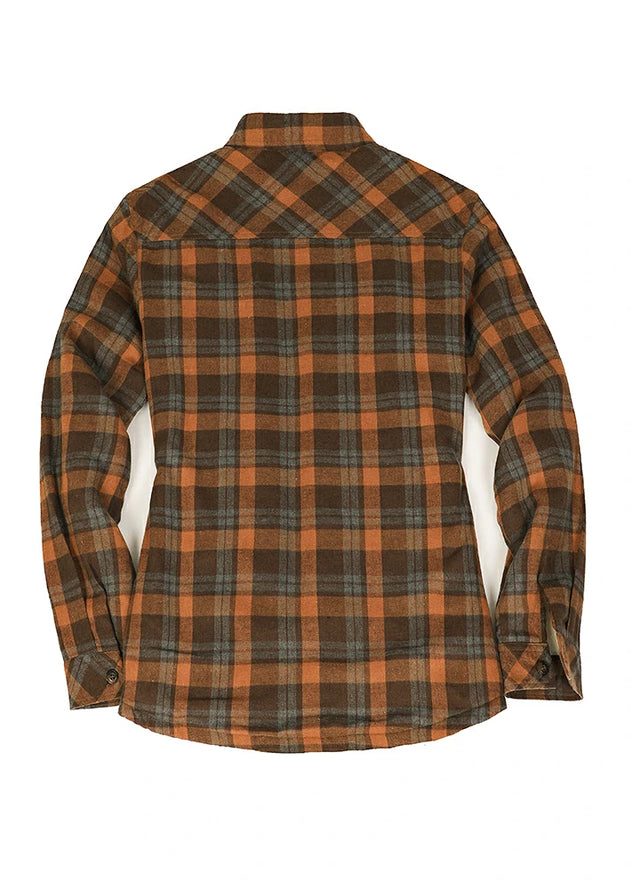 Back view of womens chocolate plaid long-sleeves flannel shacket